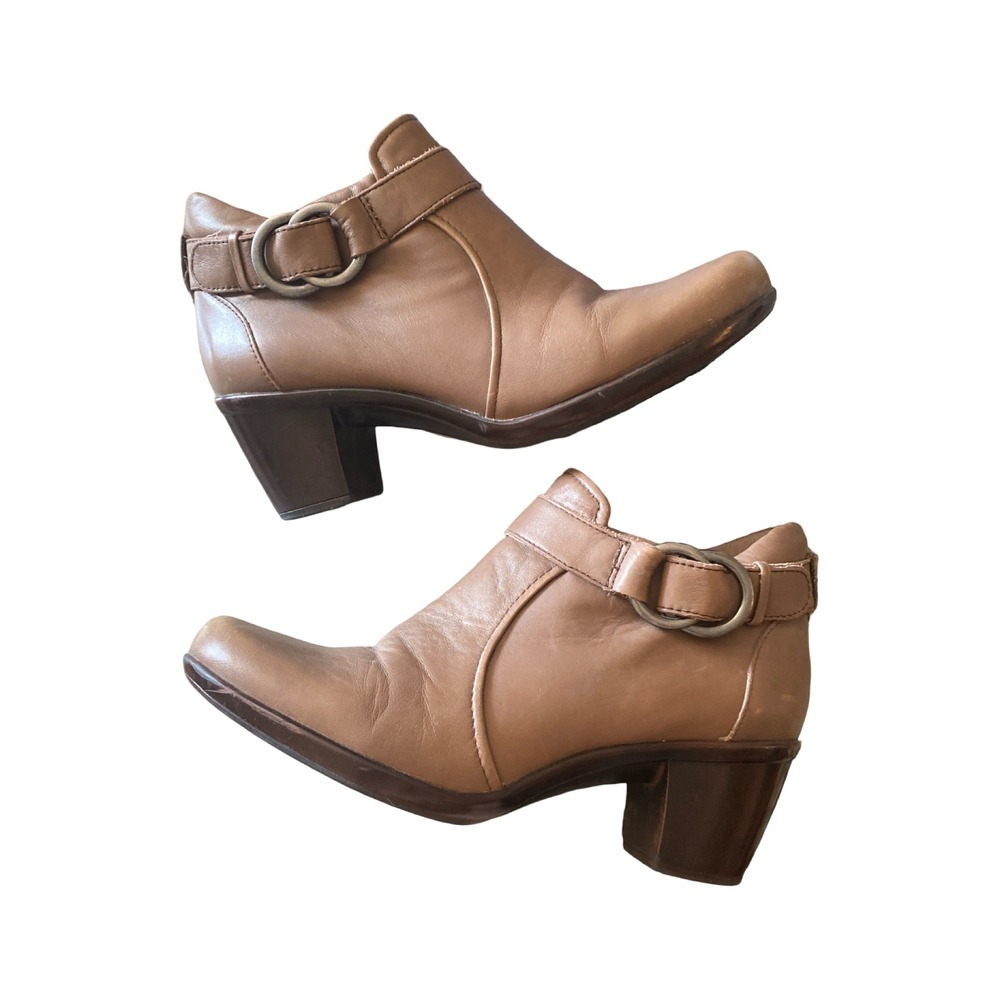 Naturalizer N5 Comfort Tan Leather Buckle Ankle Boots Block Heel Zip Booties 5.5